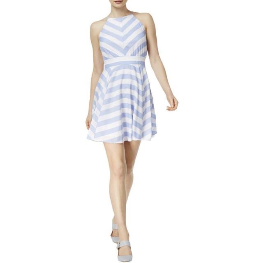 Baby blue and White striped dress .